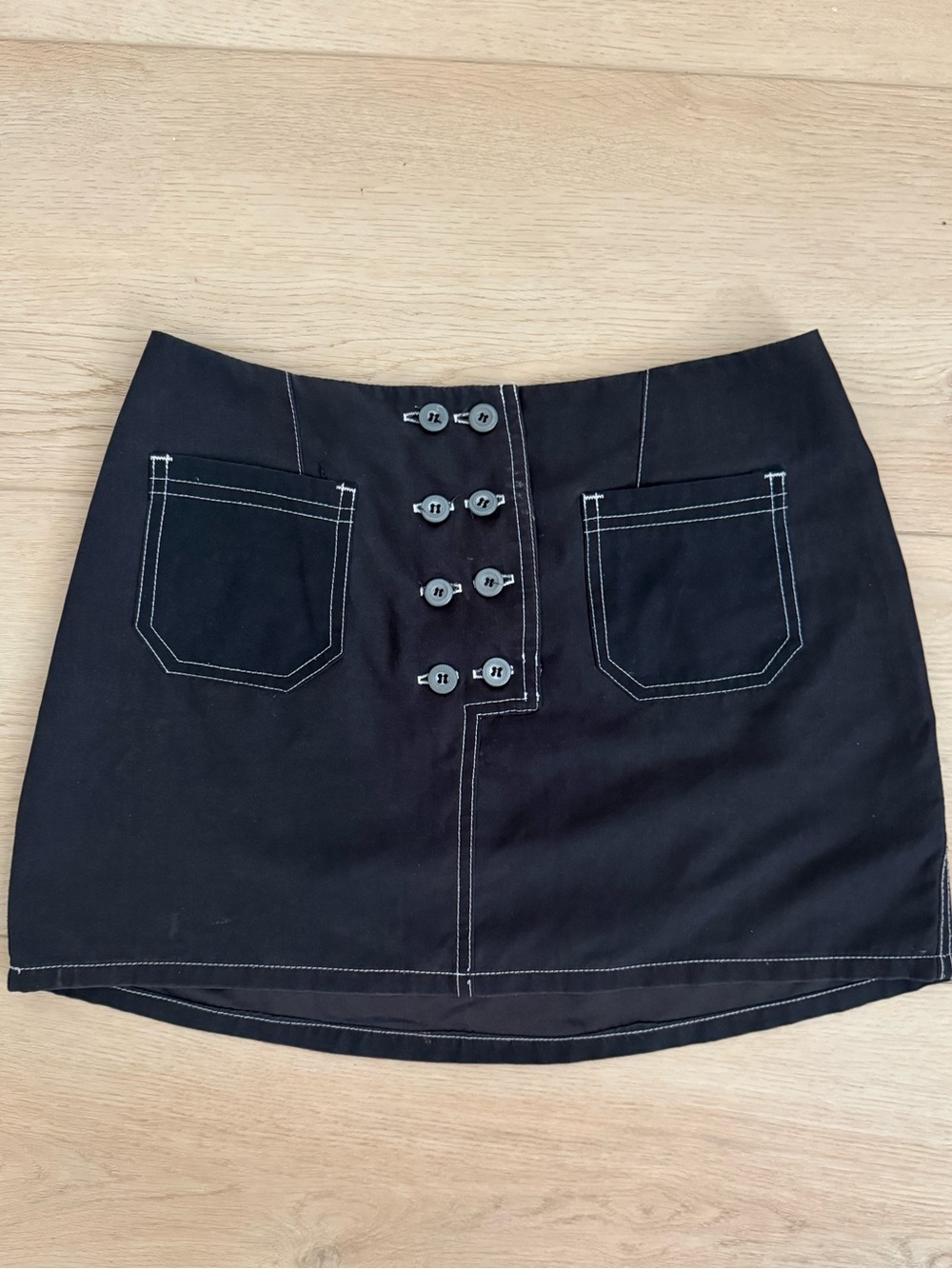 Vintage Radio Fiji Dark Navy Button-Front Mini Skirt with Contrast Stitch Size 1